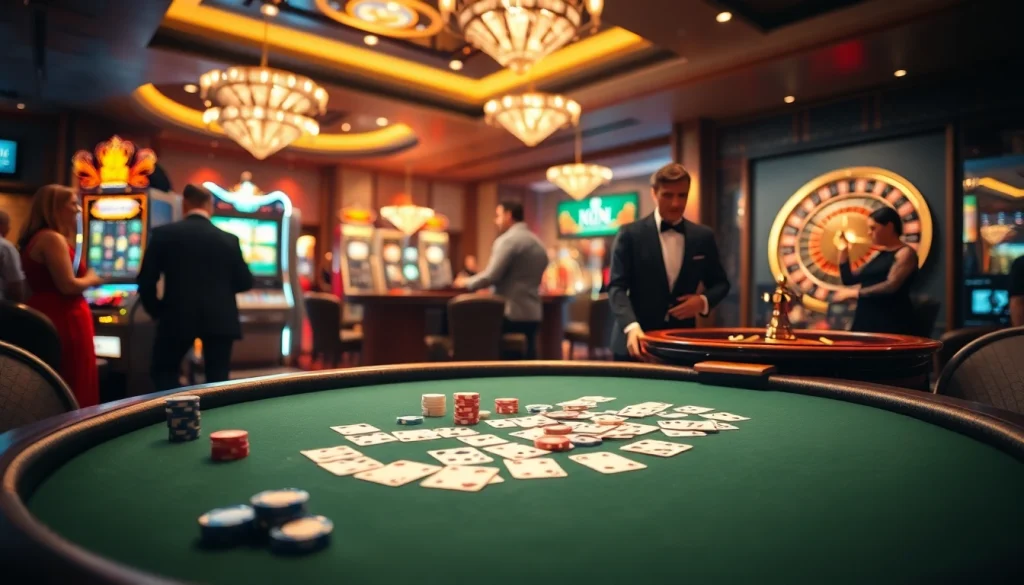 KJC ONL engaging gamblers at a luxurious casino table with vibrant poker chips and decks.