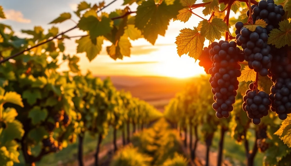 Visit lush clarksburg wineries showcasing vibrant grapevines at sunset in a serene landscape.