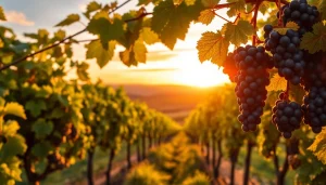 Visit lush clarksburg wineries showcasing vibrant grapevines at sunset in a serene landscape.