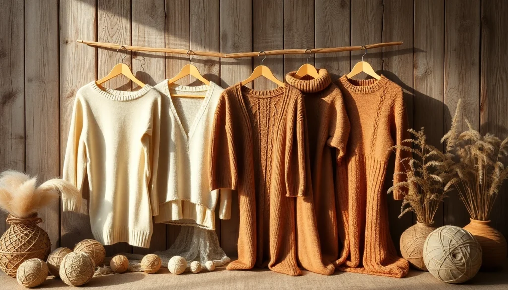 Showcase of sustainable fashion garments from https://www.ound-ound.com with natural colors and textures.