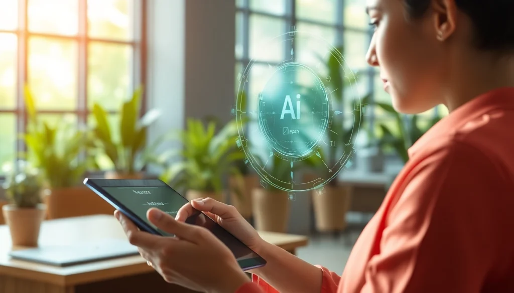 Engaging scene of Human Interface with AI featuring a person interacting with a holographic interface.