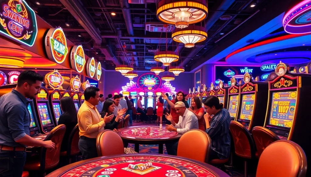 Pengalaman bermain Dewanaga89 dengan para pemain merayakan kemenangan di mesin slot yang ramai.