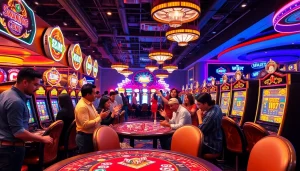 Pengalaman bermain Dewanaga89 dengan para pemain merayakan kemenangan di mesin slot yang ramai.