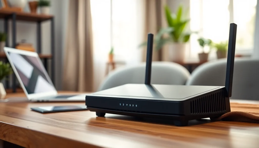 Showcase of the best vpn router uk on a modern desk setting with a warm atmosphere.