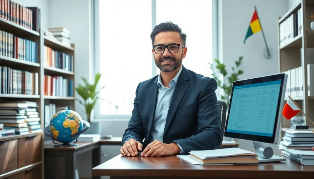 Tradutor juramentado at work in a professional office setting, illustrating the importance of certified translations.