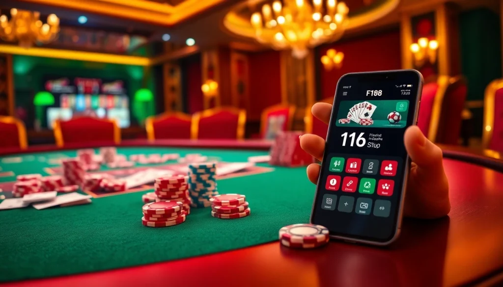 Experience the excitement at the F168 game portal with colorful poker chips and modern gameplay visuals.