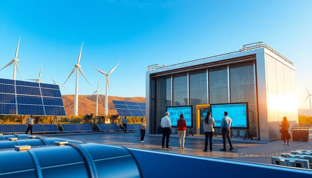 Crypto mining site showcasing advanced technology and renewable energy facilities with diverse professionals.