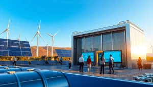 Crypto mining site showcasing advanced technology and renewable energy facilities with diverse professionals.