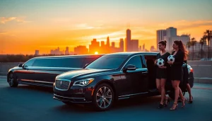 World Cup Group Transportation featuring luxurious limousines in Los Angeles at sunset.