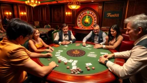 Experience high-stakes action at Fun88's luxurious poker tables with players eagerly engaging in the game.