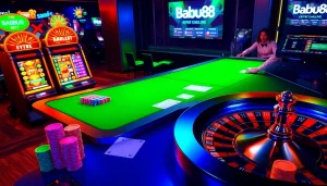 Engaging casino scene featuring Babu88 with poker, slot machines, and vibrant betting atmosphere.