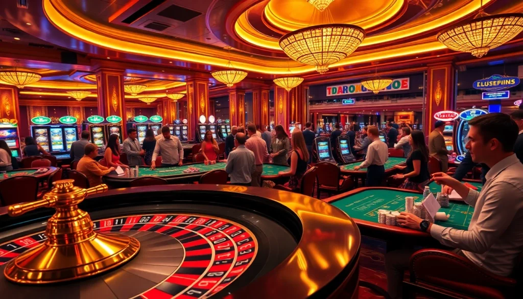 Experience net win excitement as players celebrate at a luxurious casino with poker tables and a vibrant roulette wheel.