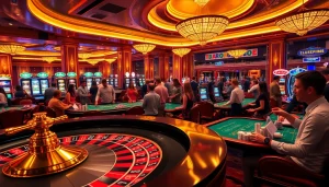 Experience net win excitement as players celebrate at a luxurious casino with poker tables and a vibrant roulette wheel.