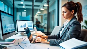 Biuro rachunkowe dla firmy budowlanej zapewniające precyzyjne prowadzenie ksiąg rachunkowych w nowoczesnym biurze.