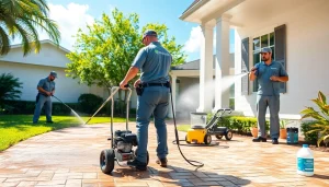 Pressure wash services in Kissimmee FL, showcasing professionals cleaning residential exteriors.