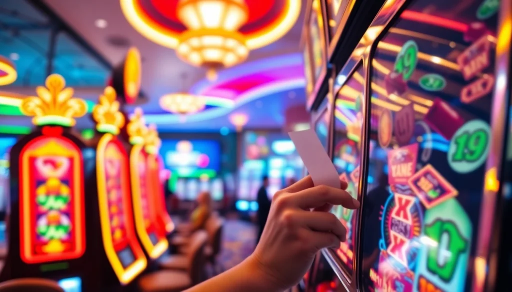 Slot bet 50 mesin slot yang berputar dengan latar belakang kasino yang ramai dan warna cerah.