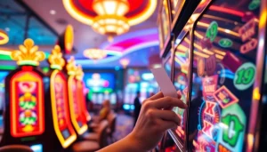 Slot bet 50 mesin slot yang berputar dengan latar belakang kasino yang ramai dan warna cerah.