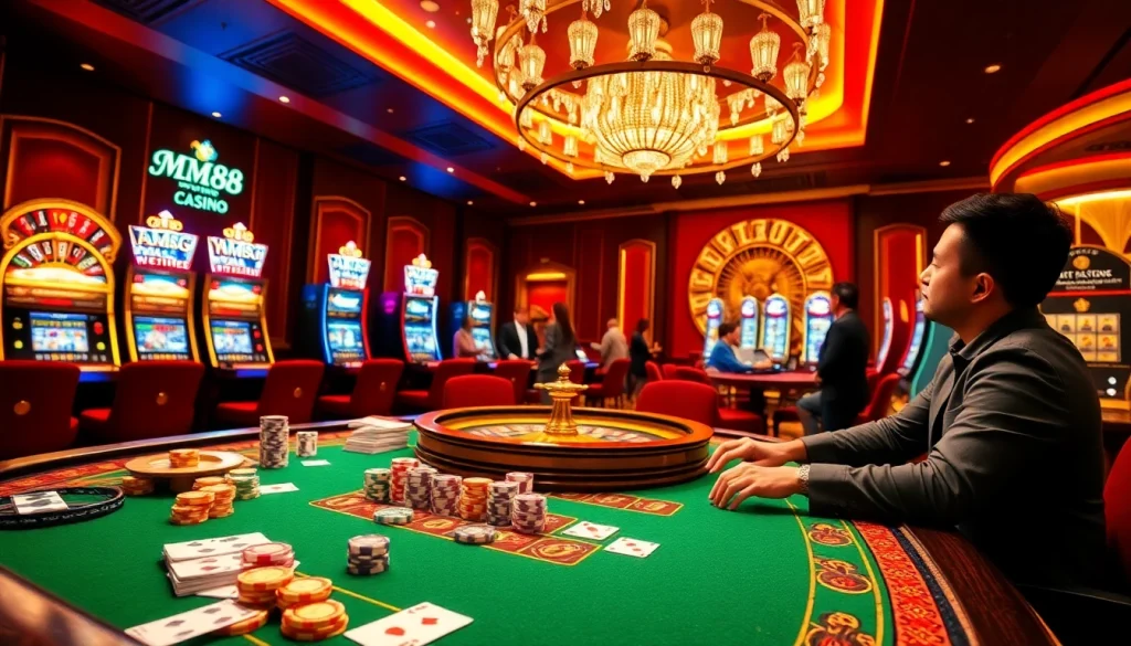 Experience luxury gambling with MM88 in a vibrant casino scene featuring poker chips and roulette.