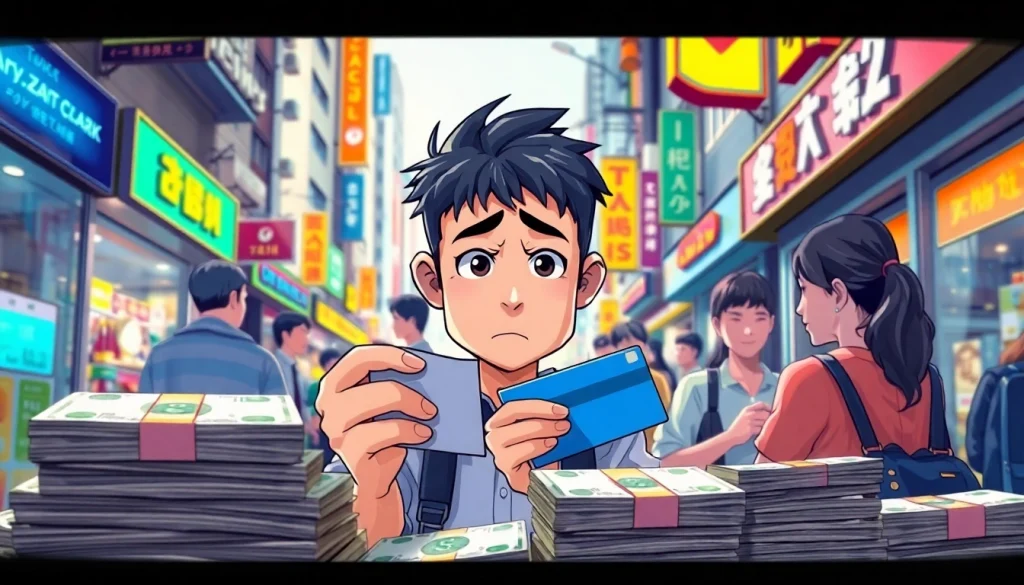 카드깡 현금을 융통하는 사람들의 모습과 거래를 하는 장면을 그린 일러스트