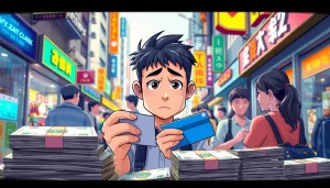 카드깡 현금을 융통하는 사람들의 모습과 거래를 하는 장면을 그린 일러스트