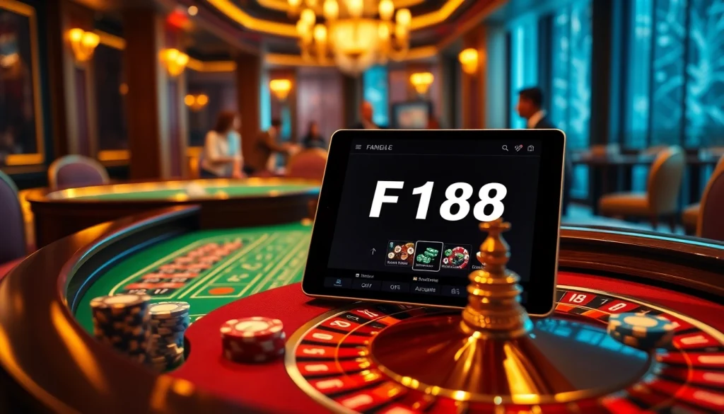 Engage with the luxurious gaming atmosphere of พอร์ทเกม F168 featuring roulette, poker chips, and an elegant casino environment.