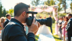 Videographer capturing a wedding scene with a camera in a beautiful outdoor setting.