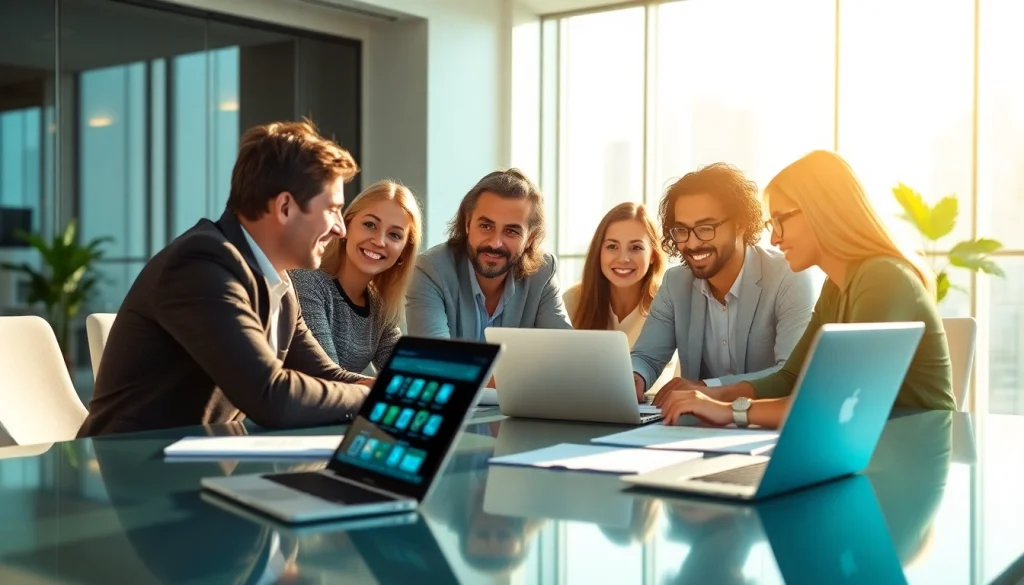 Collaboration in a modern office with diverse professionals using WPS下载 for document creation.