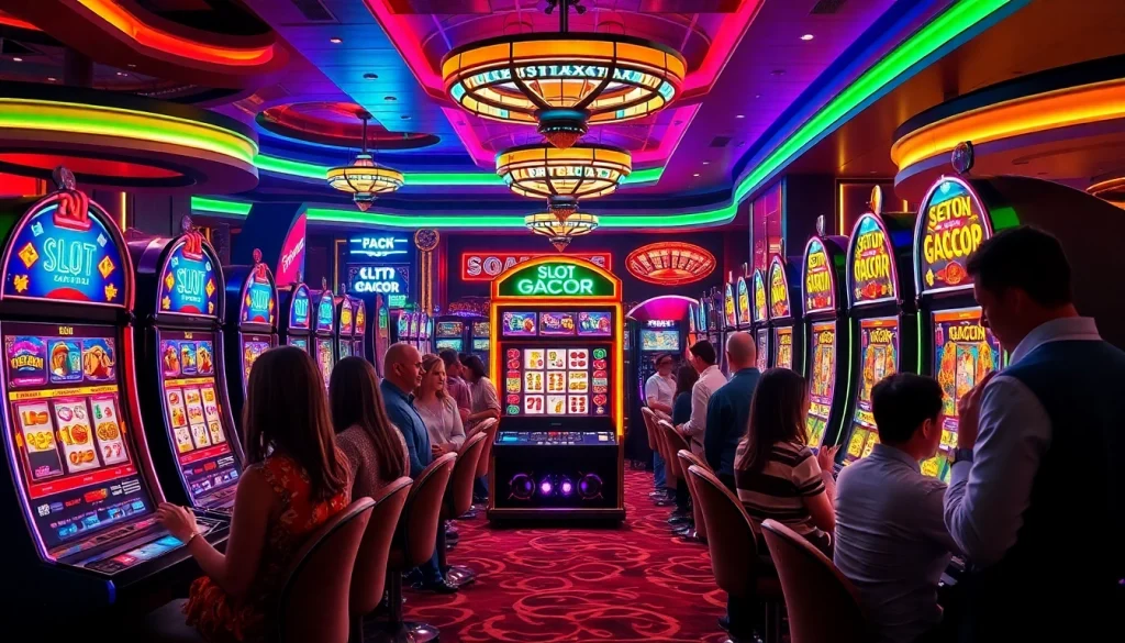 Players celebrating wins at a vibrant Slot Gacor machine in an exciting casino atmosphere.