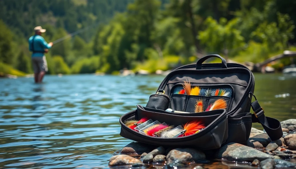 Explore the features of a durable Fly fishing bag placed by a tranquil river during fishing.