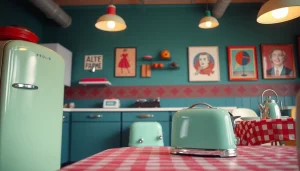 Showcasing retro appliances in a vintage kitchen, highlighting vibrant colors and nostalgic decor.