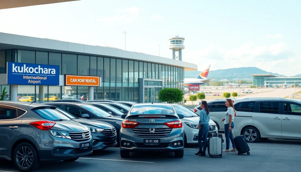 Kuching rent car options at a vibrant airport rental agency with various vehicles and friendly staff.