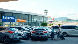 Kuching rent car options at a vibrant airport rental agency with various vehicles and friendly staff.