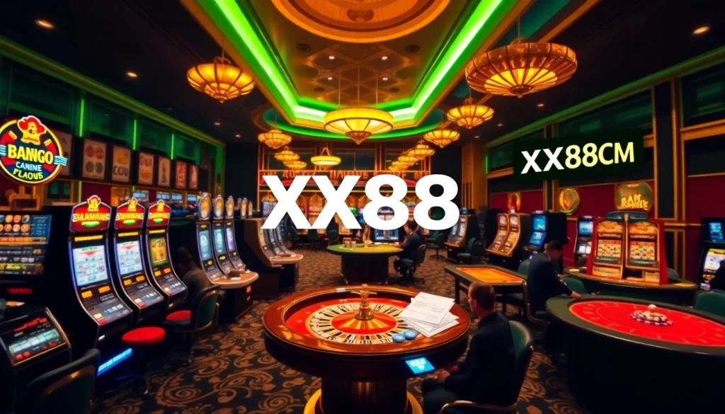 Experience thrilling gameplay at XX88.COM with vibrant casino elements like slots and poker tables.