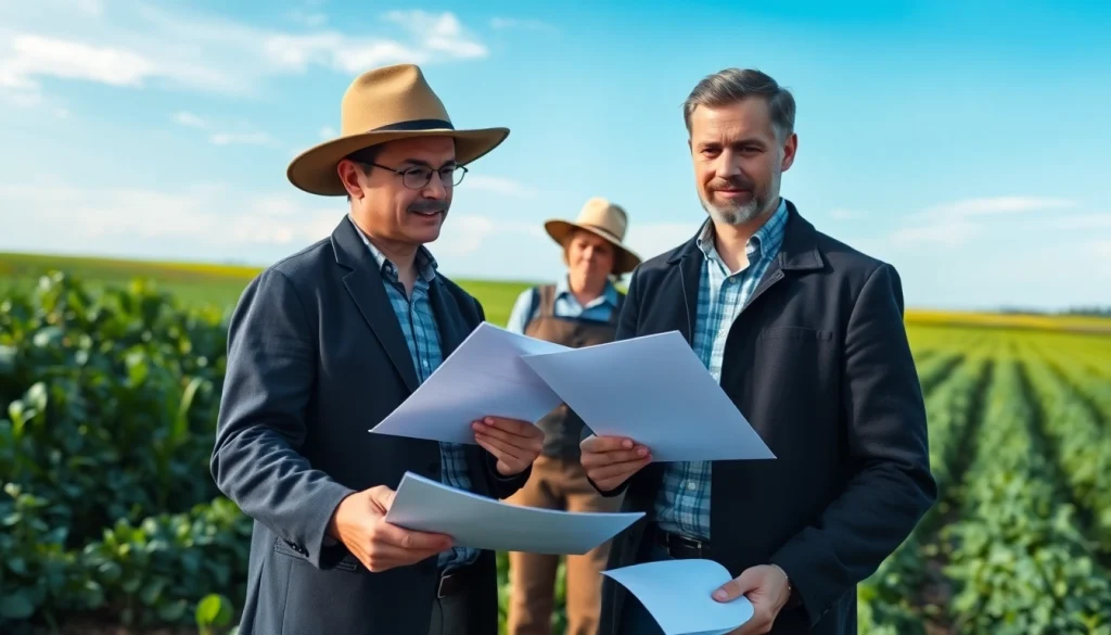 Engaging discussion between an agriculture lawyer and a farmer showcasing legal expertise.