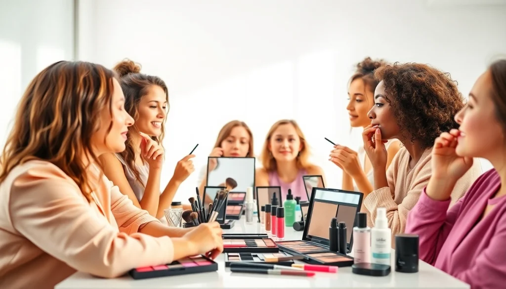 Easy beauty tutorial setup with diverse women applying makeup in a bright room.