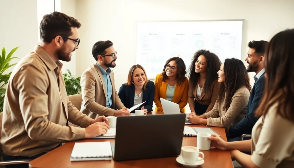 Business coach los Angeles leading a dynamic session with clients in a bright office.