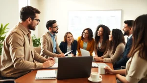 Business coach los Angeles leading a dynamic session with clients in a bright office.