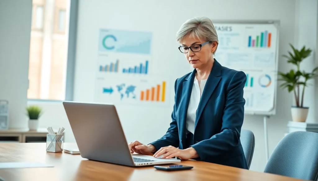 Crisis management consultant analyzing data in a professional office setting.