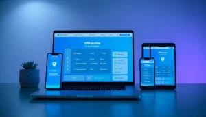快连官网 VPN interface displayed on laptop, smartphone, and tablet, showcasing secure connectivity.