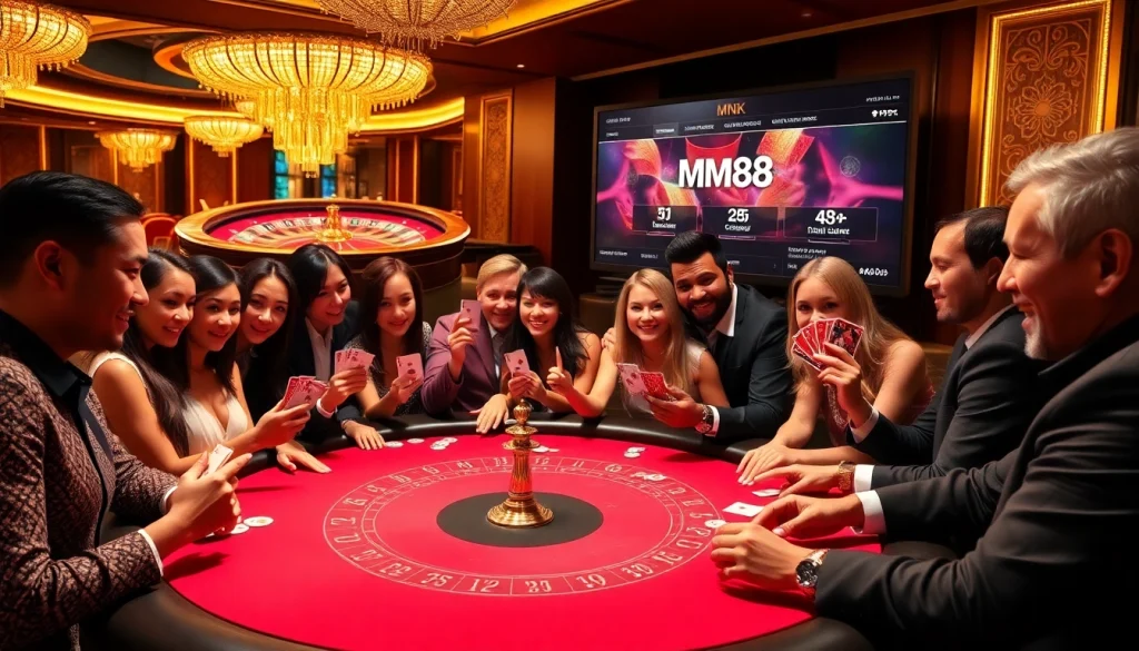 Experience the thrill of gambling with MM88 LINK, featuring a lively poker table and roulette wheel.