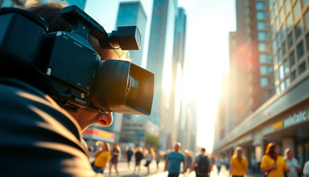 Videographer skillfully capturing an urban scene with a camera in a vibrant city setting.
