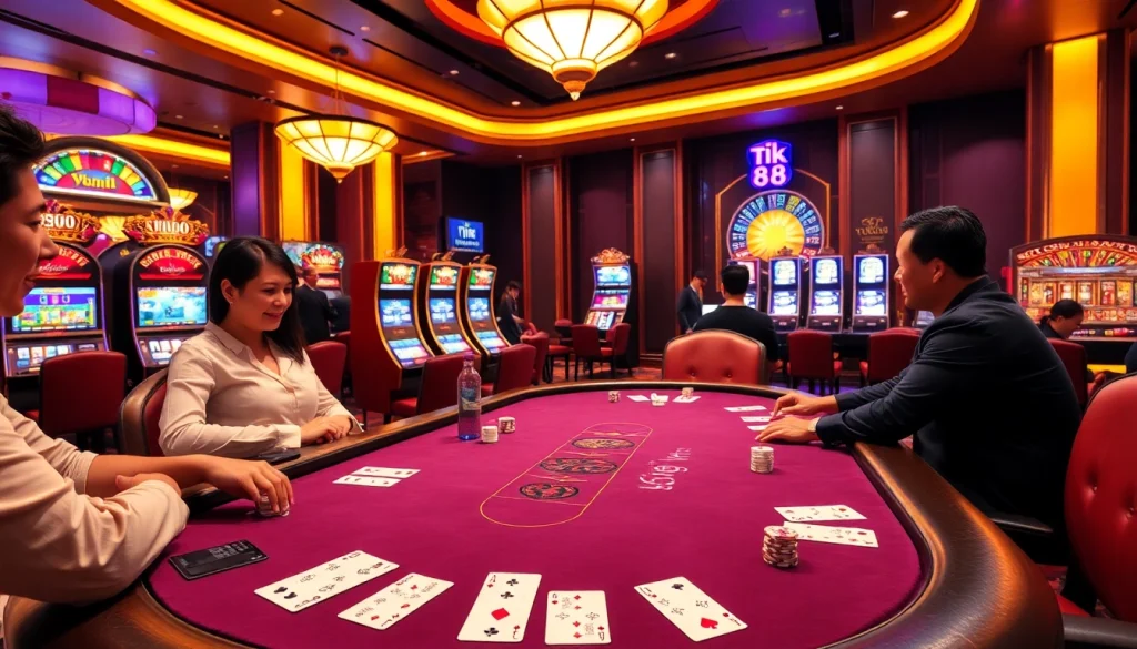 Người chơi đang tận hưởng một trò chơi đầy kích thích tại casino Tik 88, với bàn poker rực rỡ và máy đánh bạc đầy phấn khích.