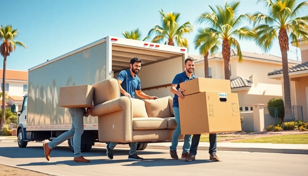 San Diego Mover team safely handling furniture and boxes outdoors in a sunny residential area.
