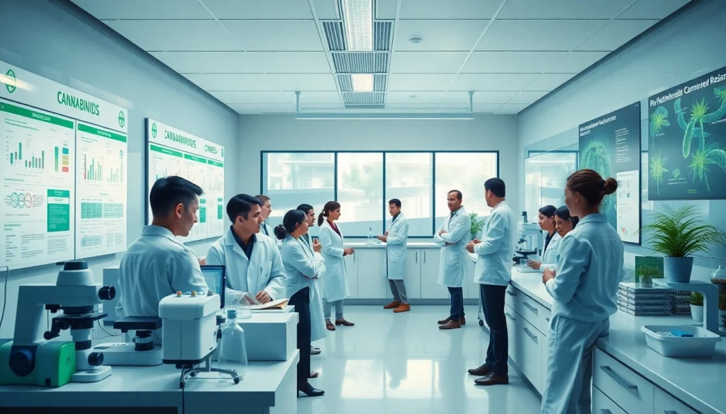 WIN55 cannabinoid research lab with diverse scientists in a modern setting
