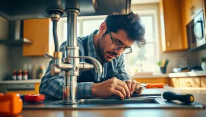 Fixing a pipe with https://speedyservicestoday.com.au plumbing expertise in a bright kitchen setting.