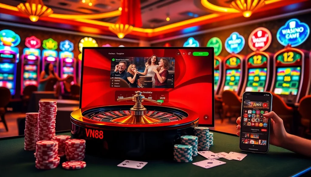 Experience the thrill of VN88 online gambling with vibrant casino elements and players engaging in games.