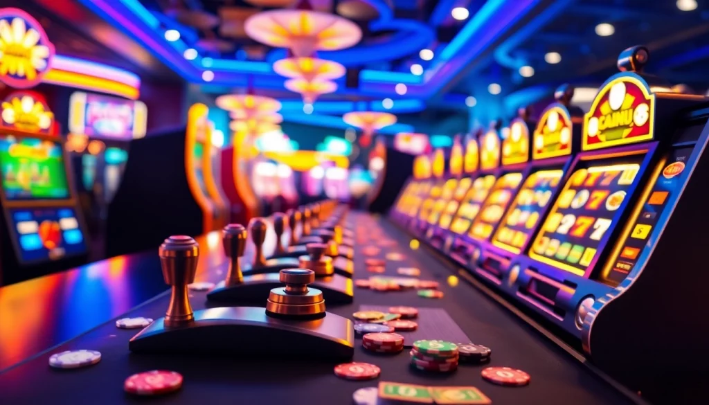 Mainkan slot depo 1000 dengan suasana kasino yang ramai dan mesin slot berkilau.