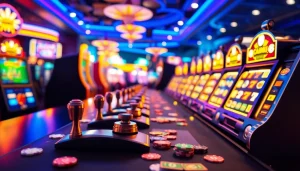 Mainkan slot depo 1000 dengan suasana kasino yang ramai dan mesin slot berkilau.