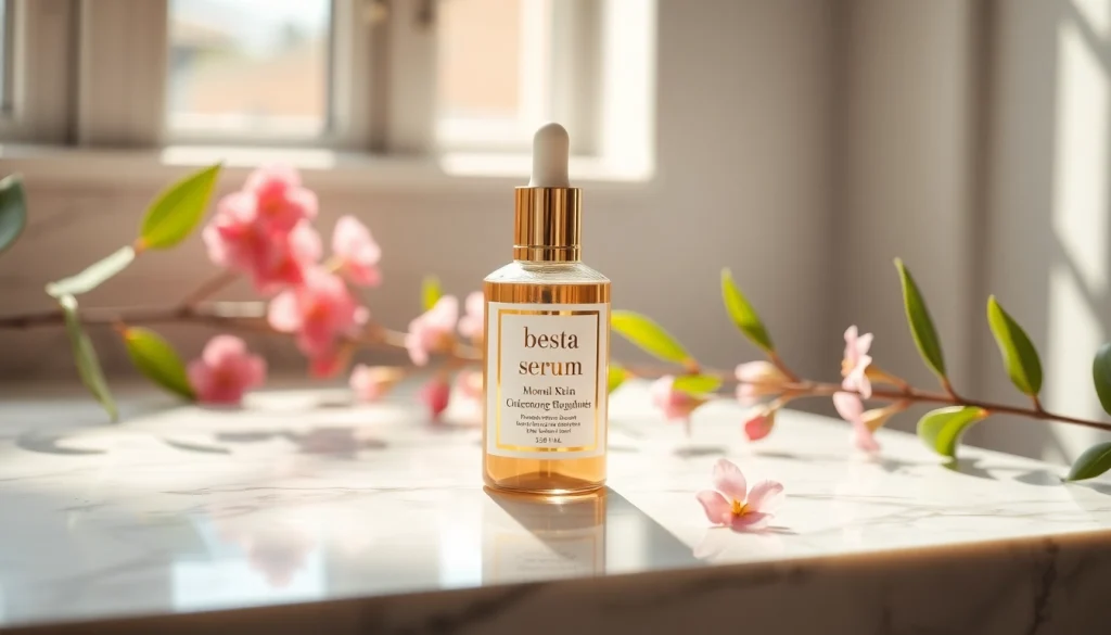 Det bästa serumet i en lyxig miljö, som visar elegant design och naturliga element för hudvårdsentusiaster.