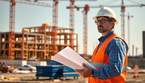 New Jersey Construction Manager leading efforts on an active construction site amidst cranes and machinery.